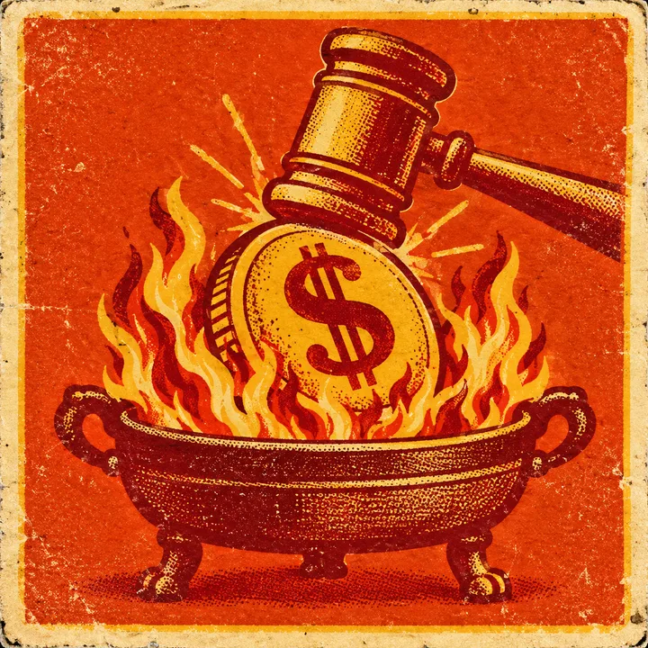 A gold coin sinking into a fire as an auction gavel strikes it